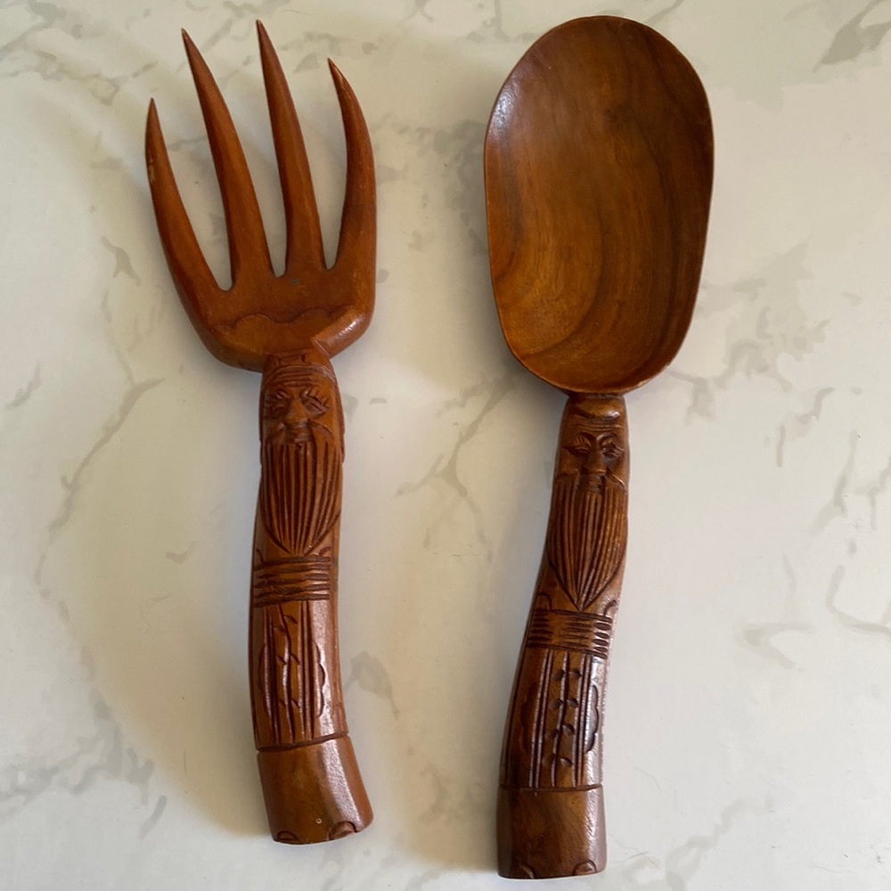 Vintage Hand Carved Wood Salad Servers Spoon Fork Set Bearded Face Folk Art